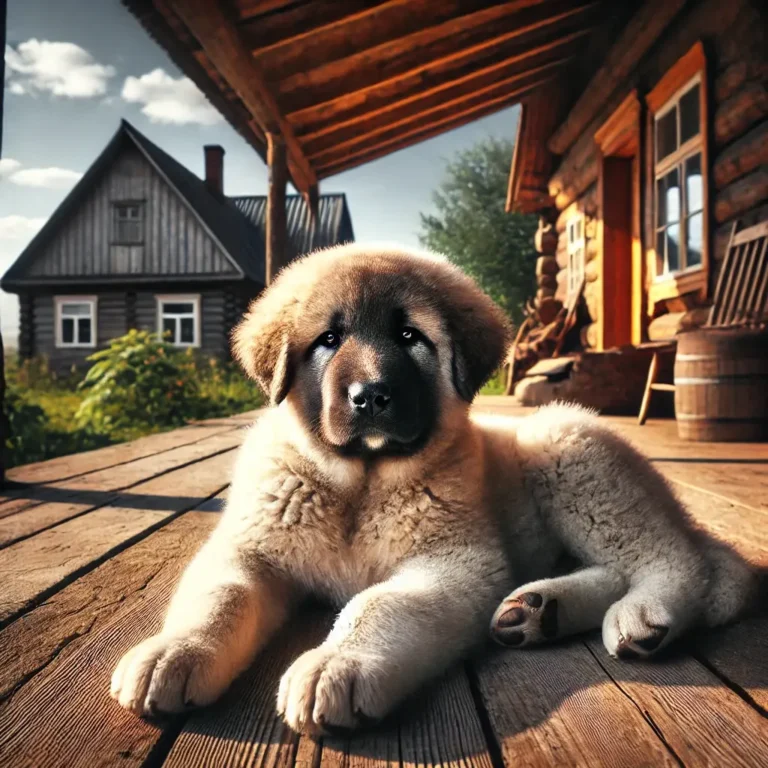 An Alabai Central Asian Shepherd dog puppy lying on a wooden porch, basking in the warm afternoon sun, with a rustic farmhouse in the background