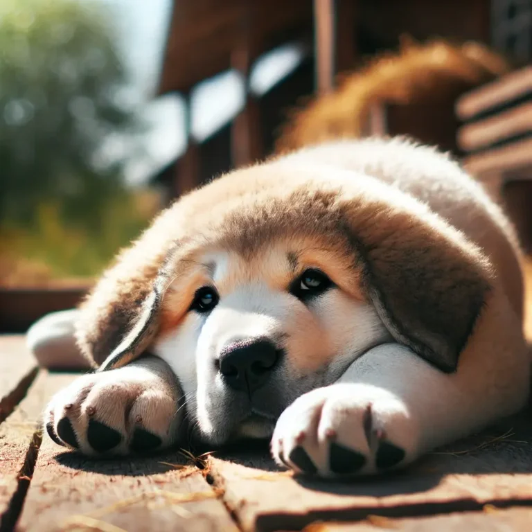 An Alabai puppy lying on a wooden porch, basking in the warm afternoon sun