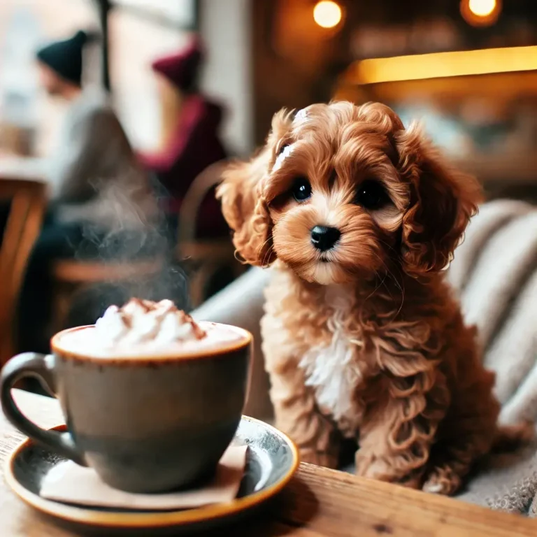 A miniature Cavapoo puppy sitting in a cozy café, gazing curiously at a steaming cup of hot chocolate on the table