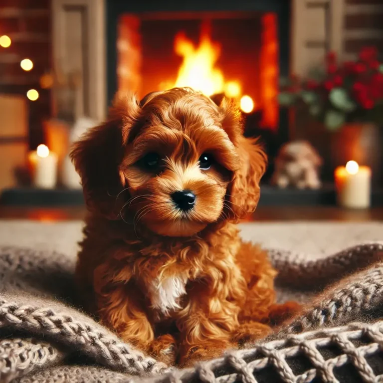 A red Cavapoo puppy sitting on a cozy blanket near a fireplace, enjoying the warmth on a cold evening