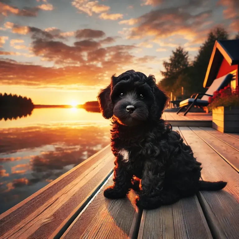 A black Cavapoo puppy sitting on a wooden deck, gazing at the sunset over a peaceful lake