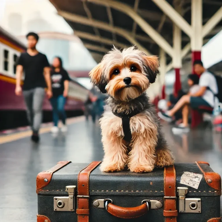 A Yorkie Poo Maltese mix puppy sitting on a vintage suitcase at a train station