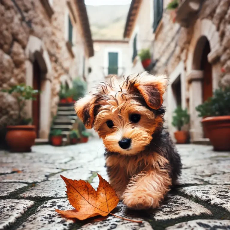 A Yorkie Poo Poodle mix puppy playing with a fallen leaf in a quiet cobblestone alleyway, surrounded by old European-style buildings