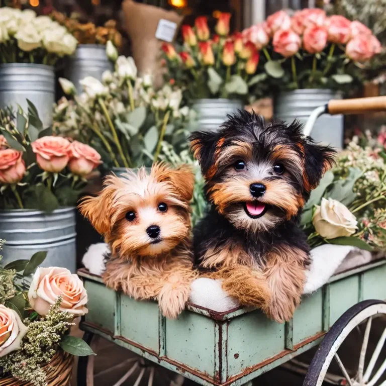 A Yorkie Poo and Yorkie mix puppy sitting inside a vintage flower cart, surrounded by fresh flowers at an outdoor market