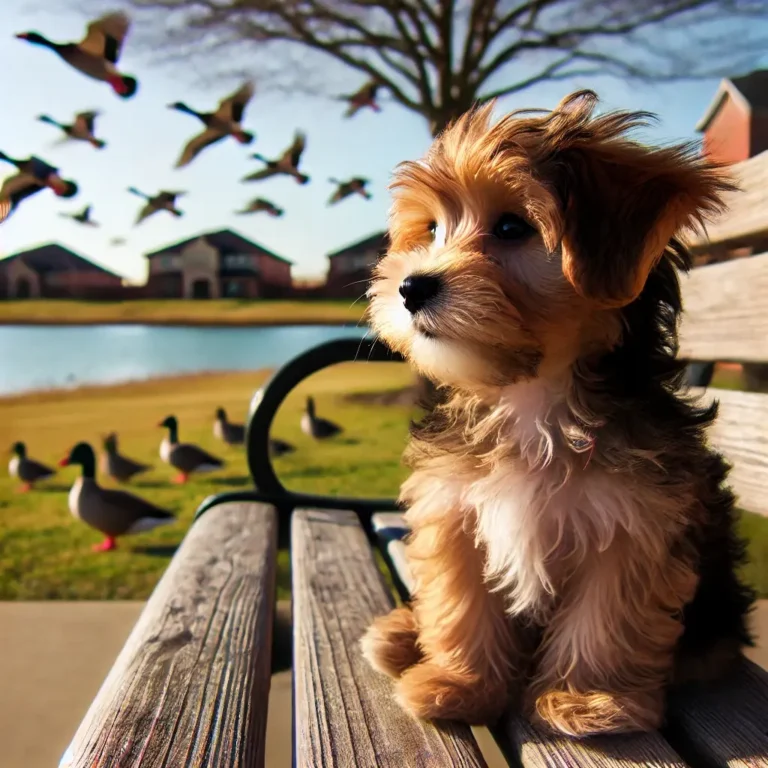 A Yorkiepoo mix puppy sitting on a park bench, watching birds fly over a pond on a breezy afternoon
