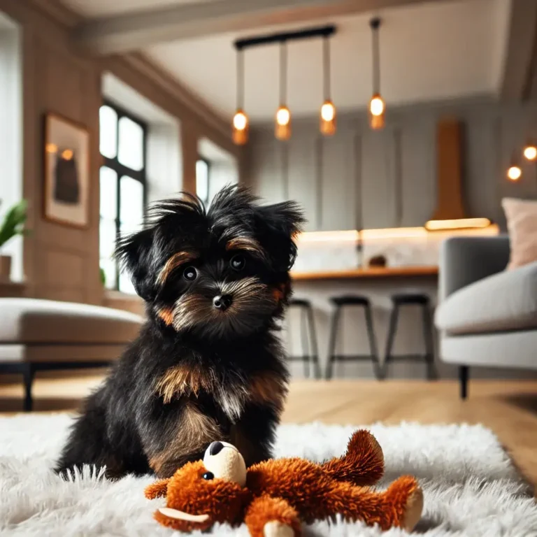 A Black Yorkie Poo puppy playing with a plush toy on a fluffy rug in a modern living room. The room has stylish furniture, soft lighting, and a cozy