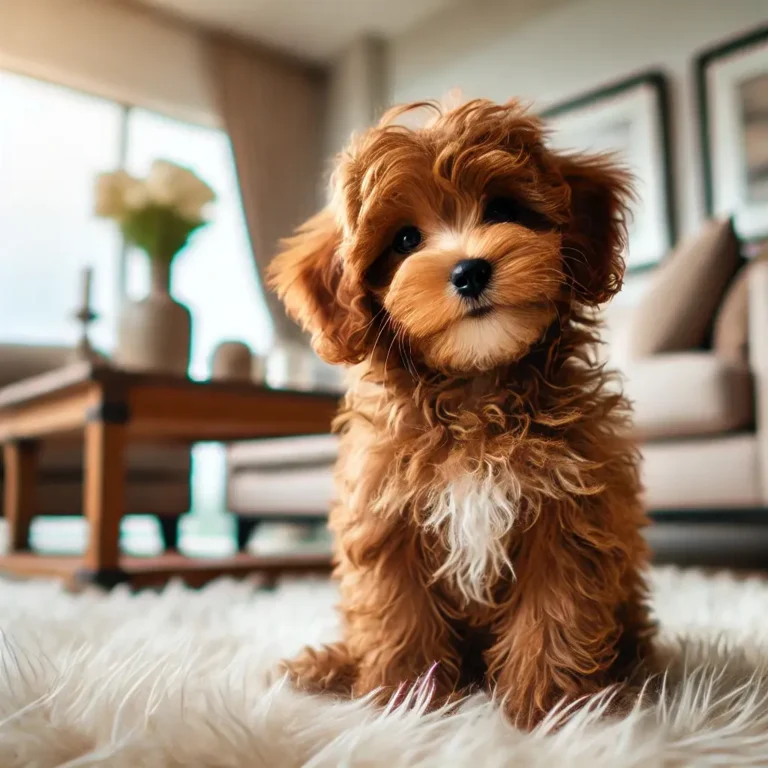 A brown Maltipoo puppy sitting on a fluffy white rug in a stylish modern living room. The puppy tilts its head with a curious expression