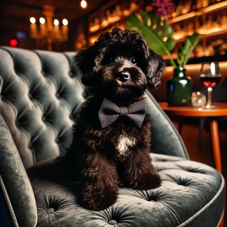 A black Maltipoo puppy wearing a tiny bowtie, sitting elegantly on a luxurious velvet chair in a stylish lounge.