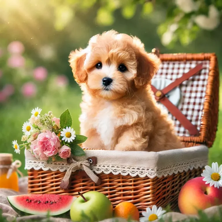 An apricot Maltipoo puppy sitting in a wicker picnic basket, surrounded by fresh fruits and flowers.