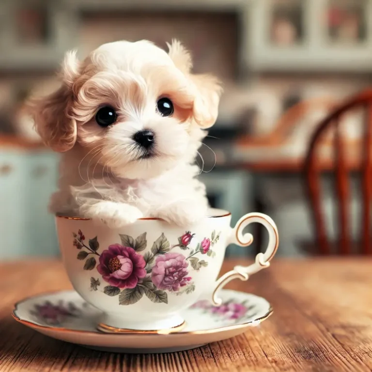 A tiny miniature Maltipoo puppy sitting inside a teacup on a wooden table, looking up with big, round eyes.