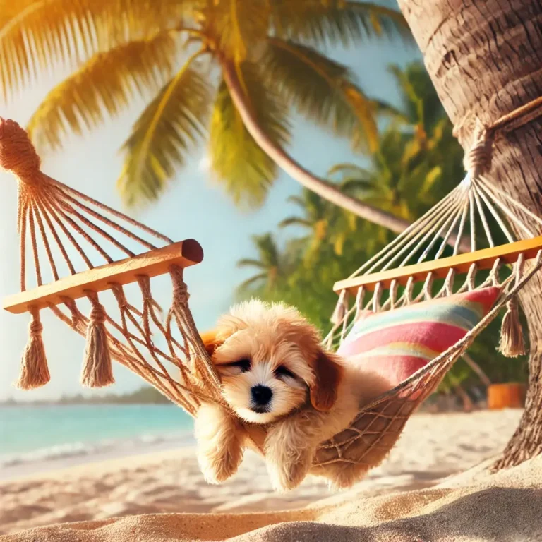 A Perro Maltipoo puppy sleeping in a hammock under a palm tree, enjoying the warm breeze.