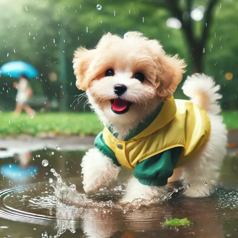 A Maltipoo puppy wearing a tiny raincoat, happily playing in a puddle after a light rain shower.