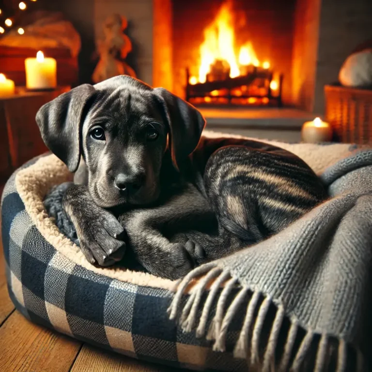 A blue brindle puppy curled up in a cozy dog bed near a glowing fireplace. The puppy looks content and sleepy,