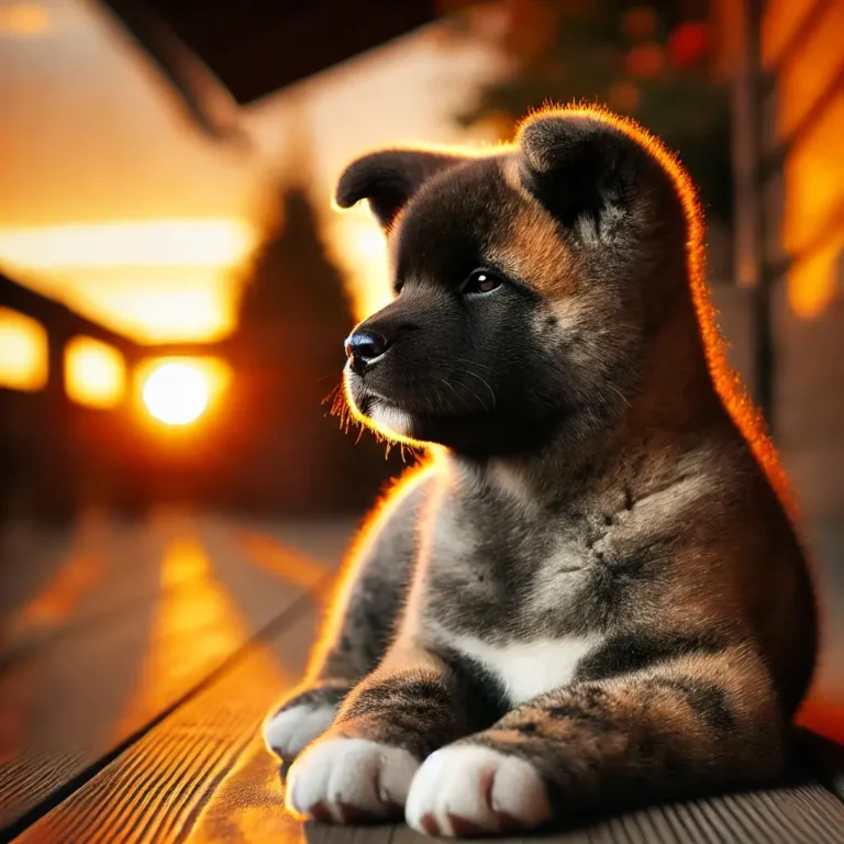 A brindle Akita puppy sitting on a wooden porch, watching the sunset with a peaceful expression. The warm golden hues reflect on its fur