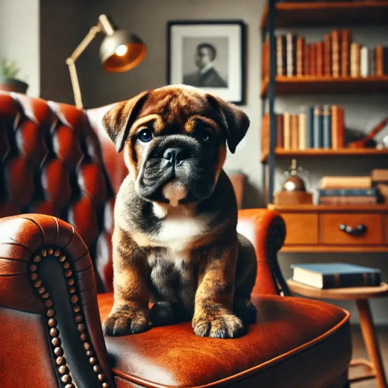 A brindle English Bulldog puppy sitting on a vintage leather armchair, looking curious with its wrinkled face.