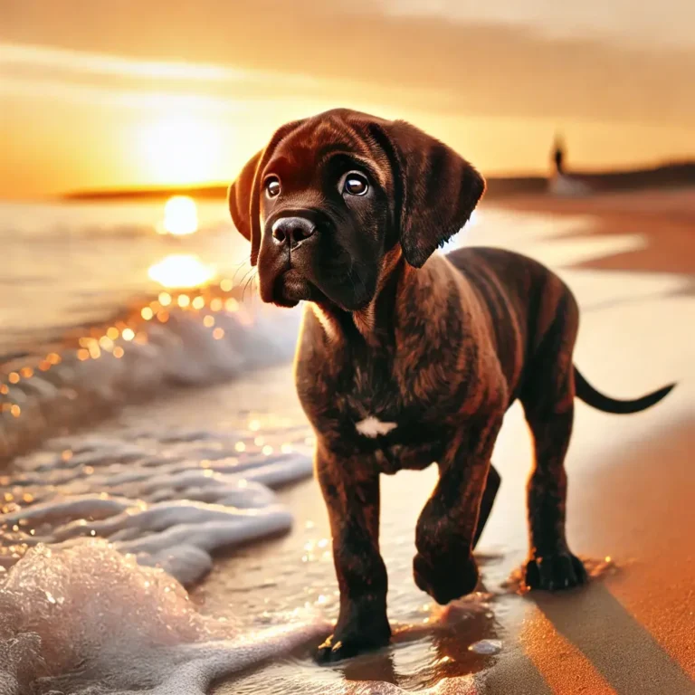 A brindle Mastiff puppy standing on a sandy beach, looking at the waves with wide eyes.