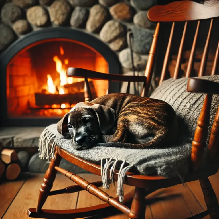 A Tennessee Brindle puppy curled up on a rocking chair by a crackling fireplace, peacefully napping.