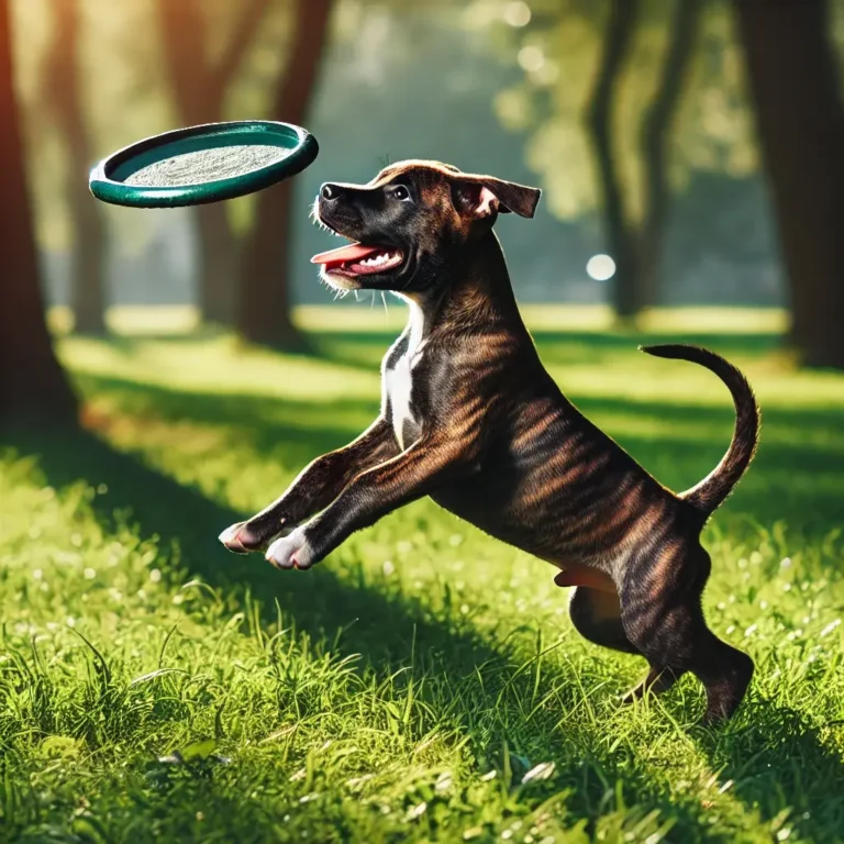 A brindle Pitbull puppy playing with a frisbee in a sunny park.