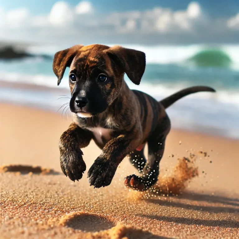 A brindle dog puppy running along a sandy beach, its paws kicking up soft grains as it plays.