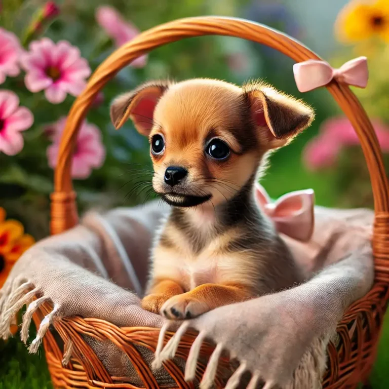 A Chihuahua and Chiweenie mix puppy sitting in a wicker basket lined with a soft blanket.