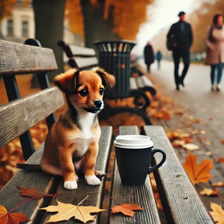 A Chiweenie mix puppy sitting on a park bench next to a cup of coffee, watching people walk by.
