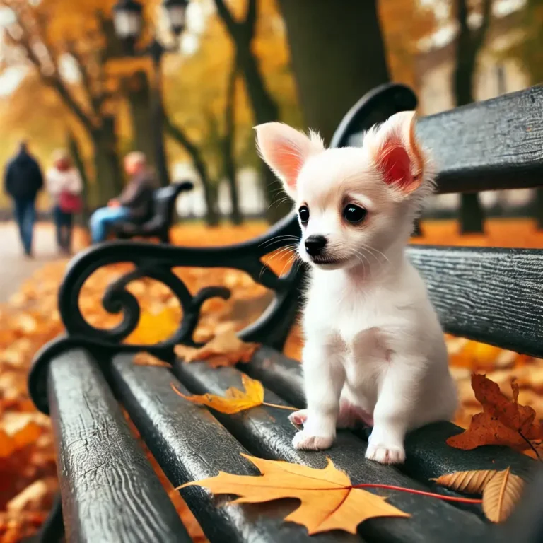 A white Chiweenie puppy sitting on a park bench in autumn, surrounded by falling leaves.