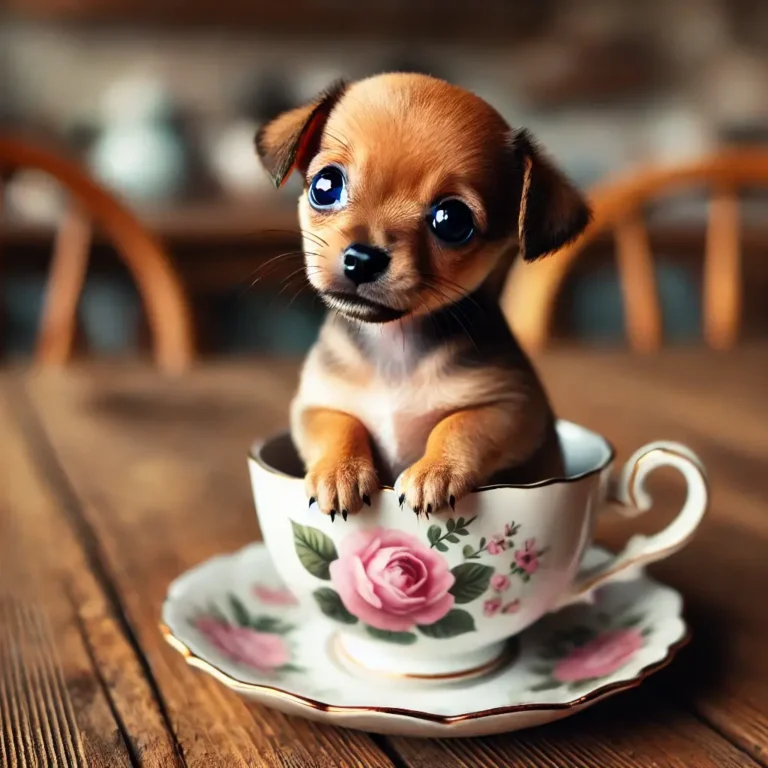 A miniature Chiweenie puppy sitting inside a teacup on a wooden table, looking up with tiny, curious eyes.