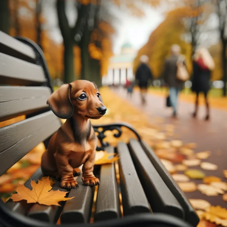 A Dachshund Chiweenie puppy sitting on a park bench in autumn, surrounded by falling leaves.