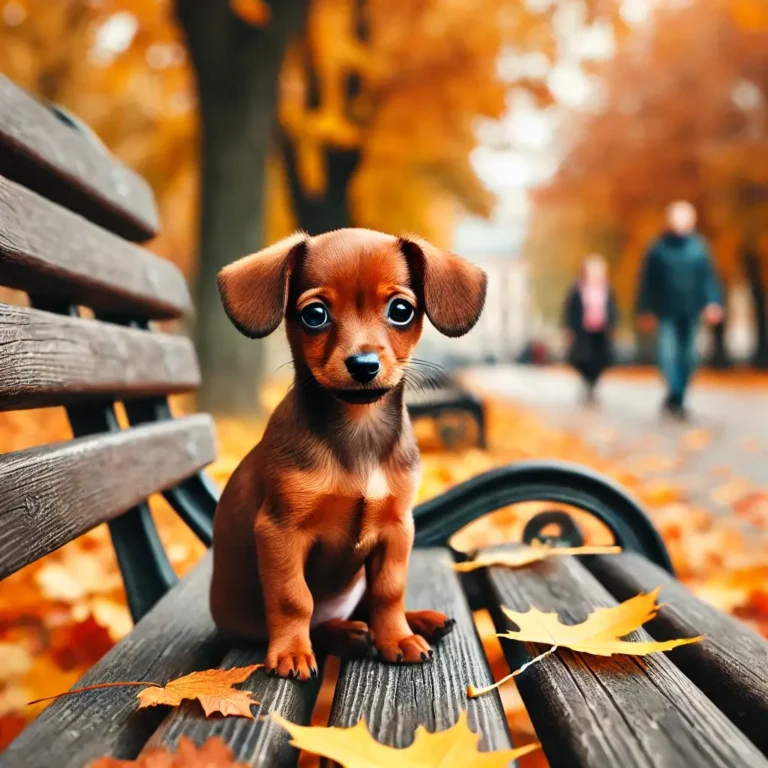 A brown Chiweenie puppy sitting on a park bench in autumn, surrounded by colorful falling leaves.