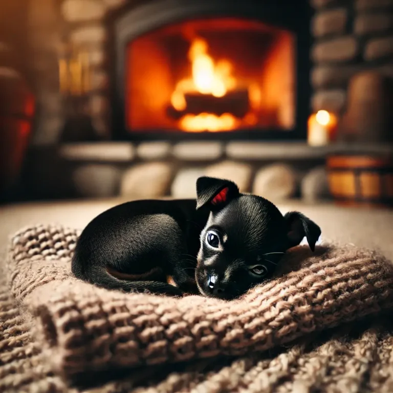 A black Chiweenie puppy curled up on a soft blanket by a fireplace, its tiny body resting comfortably.