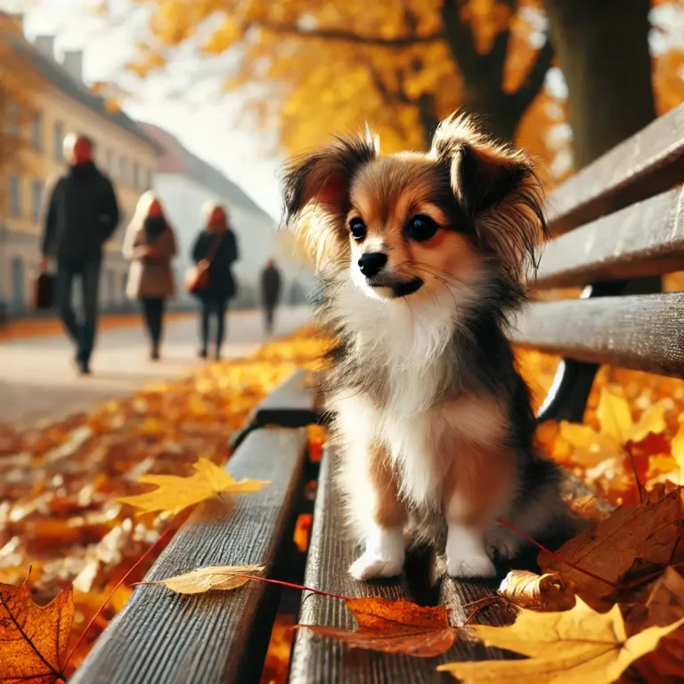 A long-haired Chiweenie puppy sitting on a park bench surrounded by autumn leaves, watching people walk by.