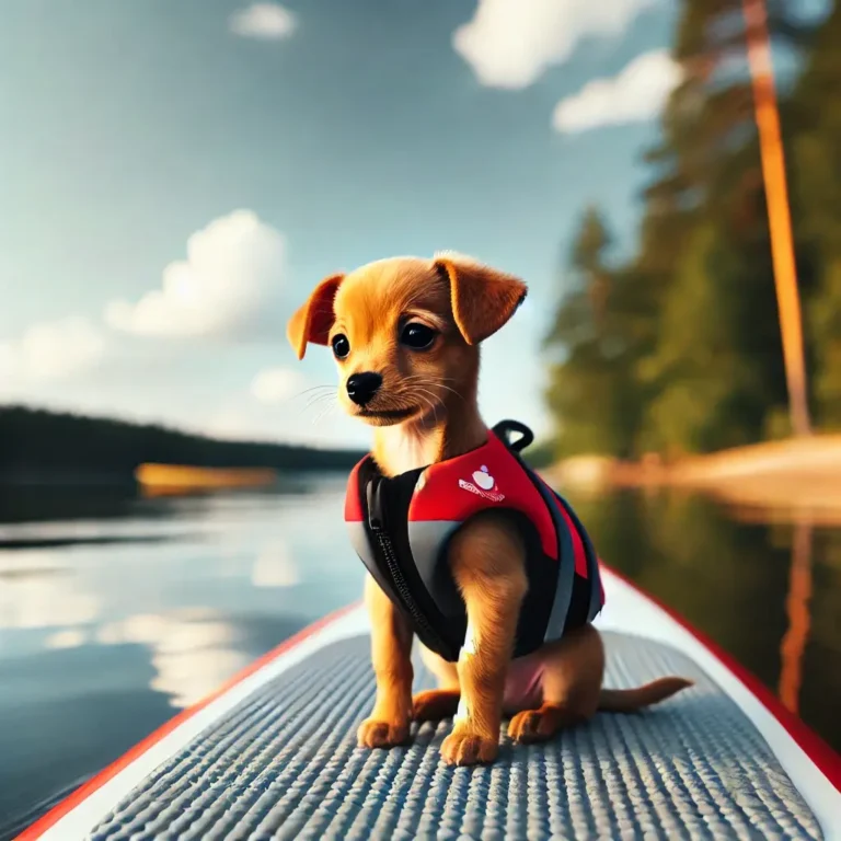 A Chiweenie puppy wearing a tiny life jacket, sitting on a paddleboard in the middle of a calm lake.