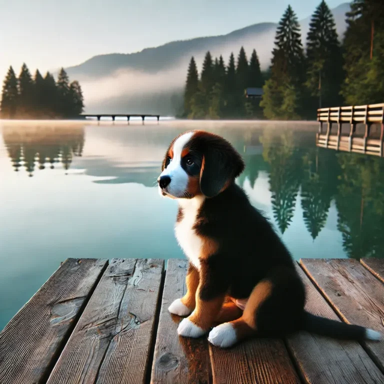A Bernese Mountain Dog Beagle mix puppy sitting on a wooden dock, watching the rippling water of a serene lake.