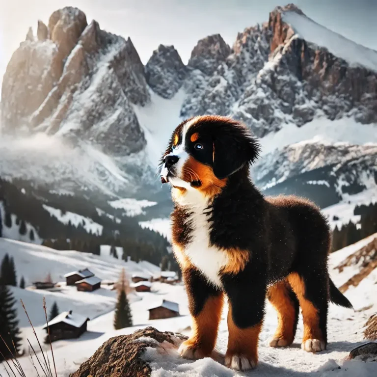 A Bernese Mountain Dog Mastiff mix puppy standing proudly on a snowy mountain trail, gazing at the breathtaking peaks.