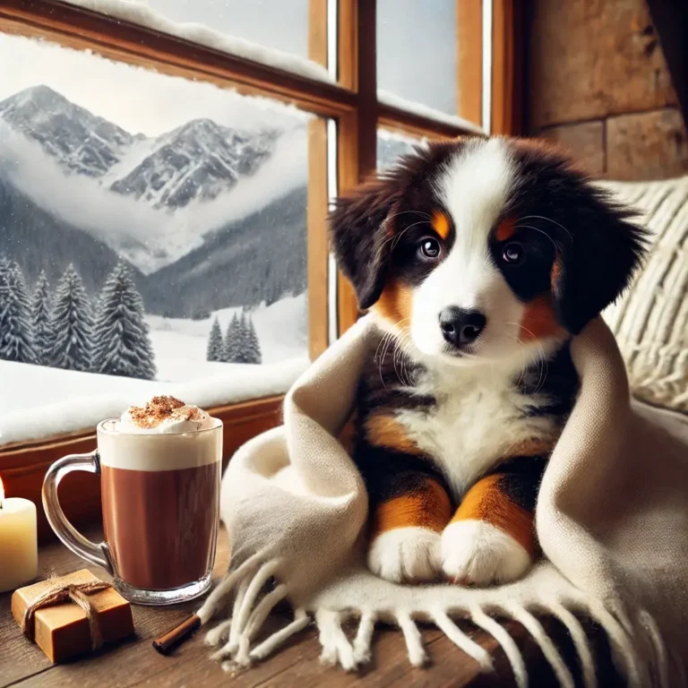 A Bernese Mountain Dog Corgi mix puppy sitting in a cozy cabin, wrapped in a soft blanket beside a large window overlooking snowy mountains.