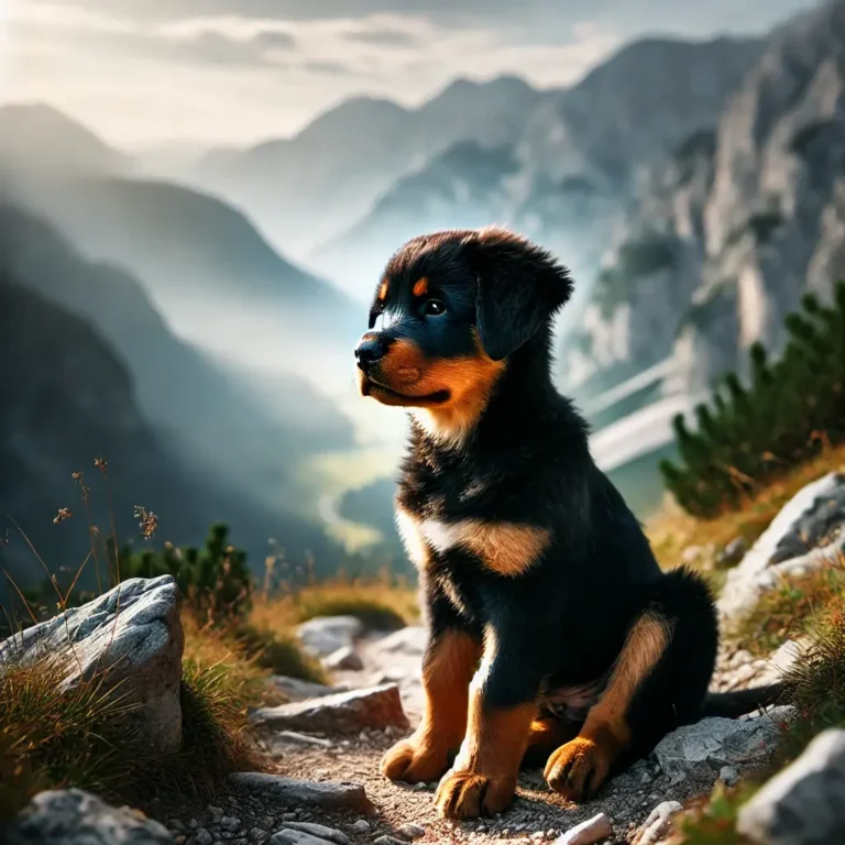 A Rottweiler Bernese Mountain Dog mix puppy sitting on a rocky hiking trail, overlooking a breathtaking mountain valley.