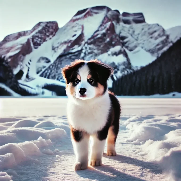 A Husky Bernese Mountain Dog mix puppy standing on a frozen lake, its fluffy coat blending with the snowy surroundings.