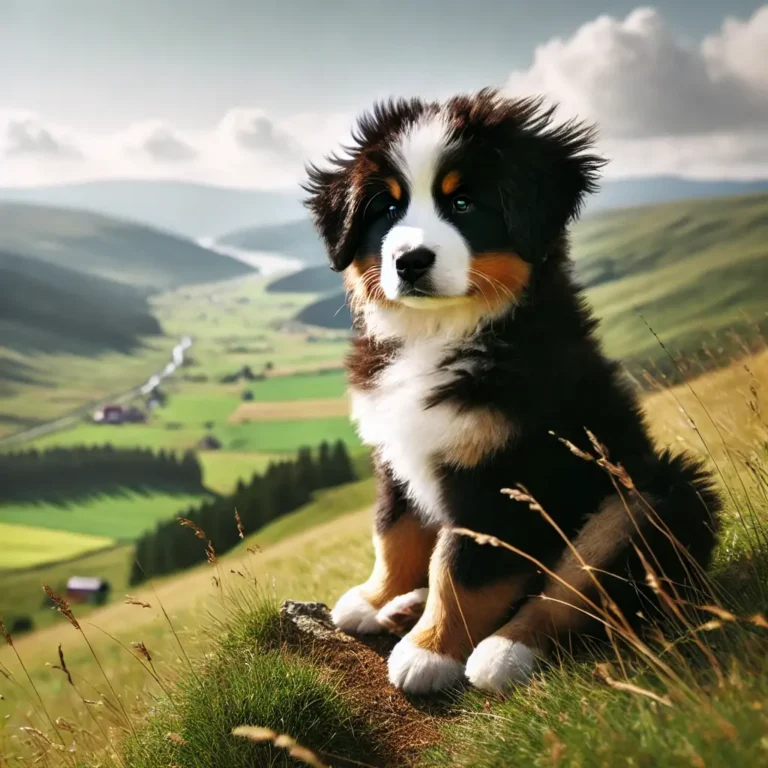 A Bernese Mountain mix puppy sitting on a grassy hilltop, overlooking a scenic valley with rolling green fields.