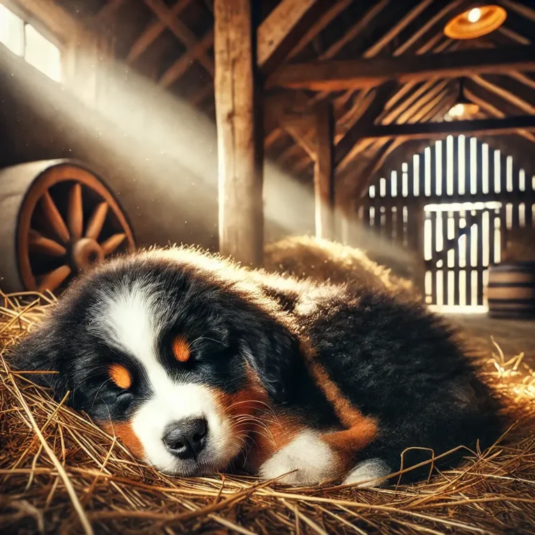 A Bernese Mountain puppy curled up in a cozy barn, resting on a bed of hay with soft lighting streaming through wooden beams.