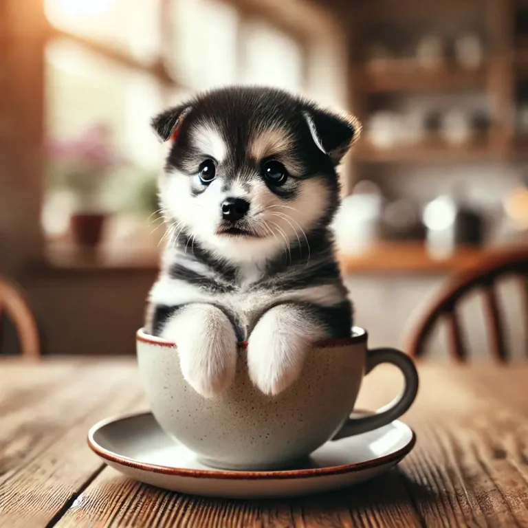 A tiny Teacup Husky mix puppy sitting inside a teacup on a wooden table, looking up with big, curious eyes.