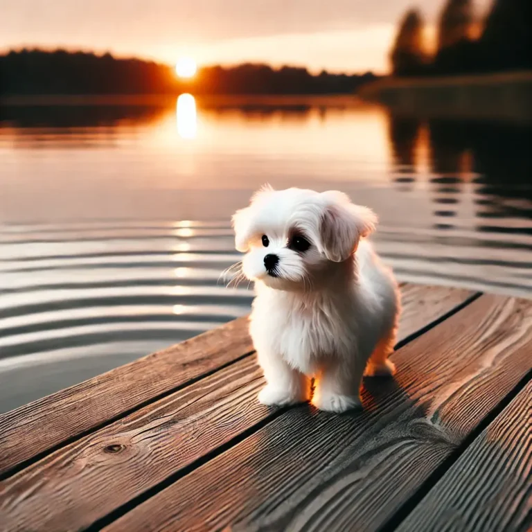 A Maltese Teacup puppy standing on a wooden dock by a lake, watching the gentle ripples in the water.