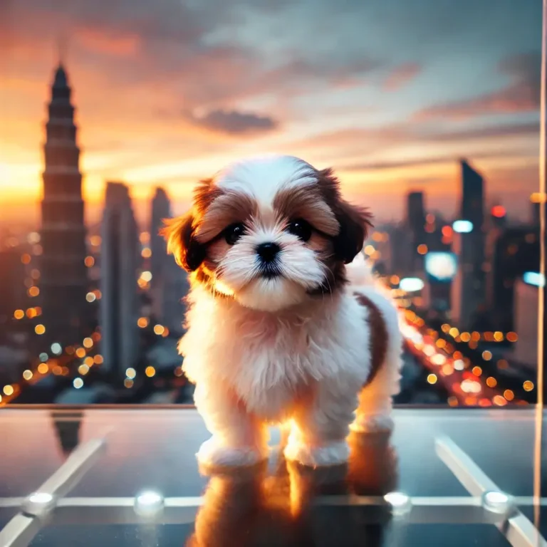 A Shih Tzu Teacup puppy standing on a glass balcony, overlooking a city skyline at sunset.