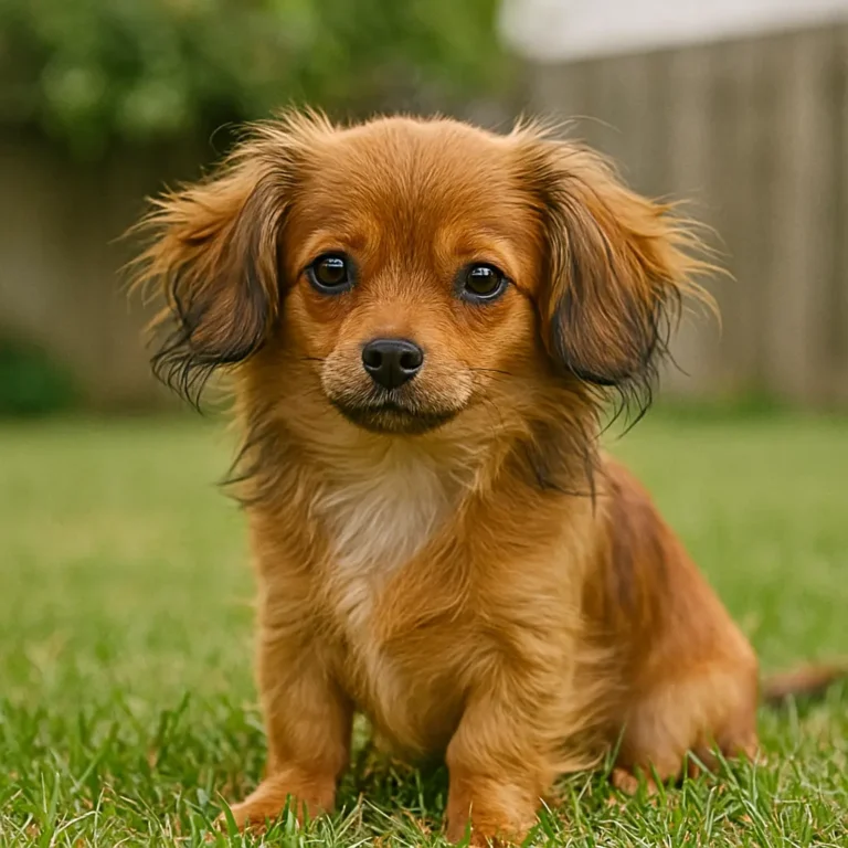 long haired dachshund chihuahua mix puppy sitting on lawn grass