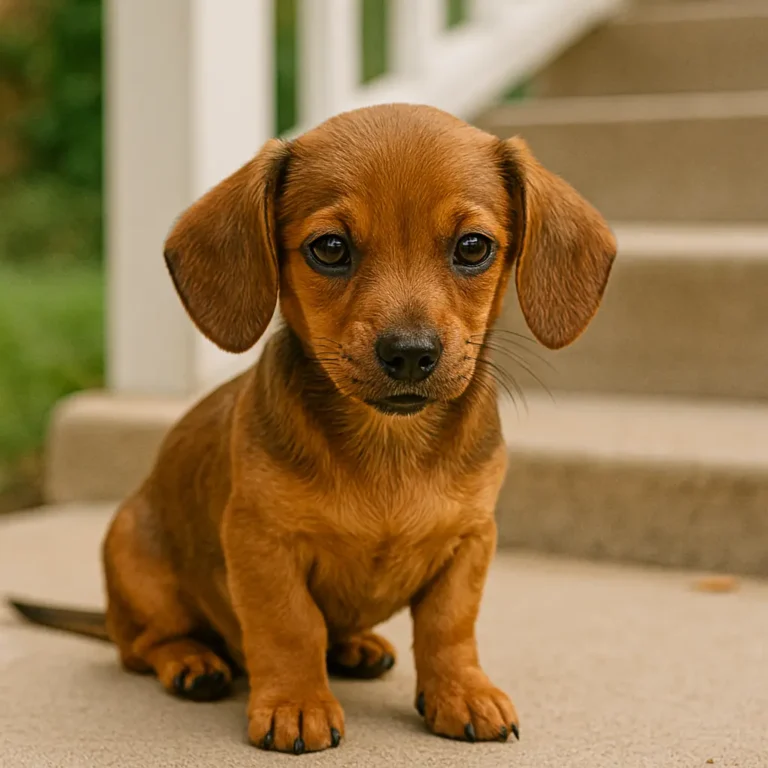dachshund chihuahua mix puppu sitting on stairs