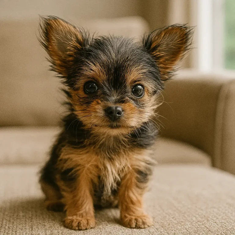 teacup chihuahua mixed with yorkie puppy sitting on sofa
