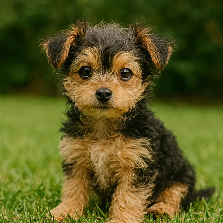 yorkie poodle mixed with chihuahua puppy sitting on lawn grass