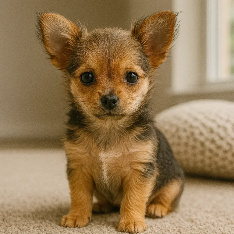 chihuahua mixed with yorkie puppy sitting on bed