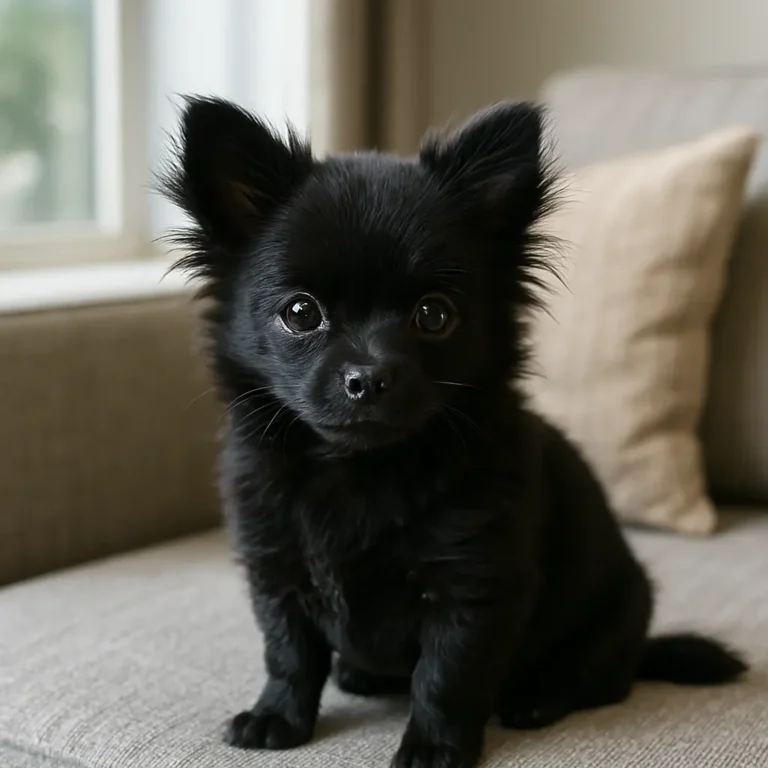 black pomeranian chihuahua mix puppy sitting on sofa