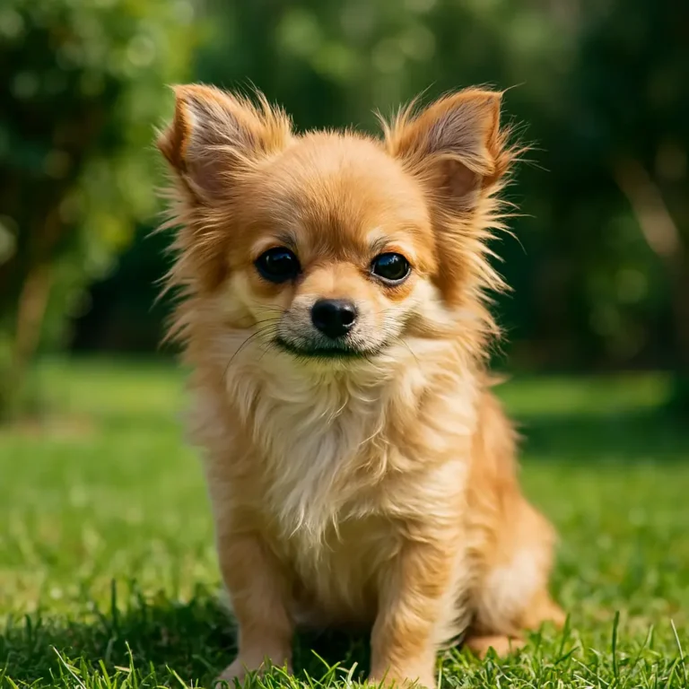 pomeranian and long haired chihuahua mix puppy sitting on lawn grass