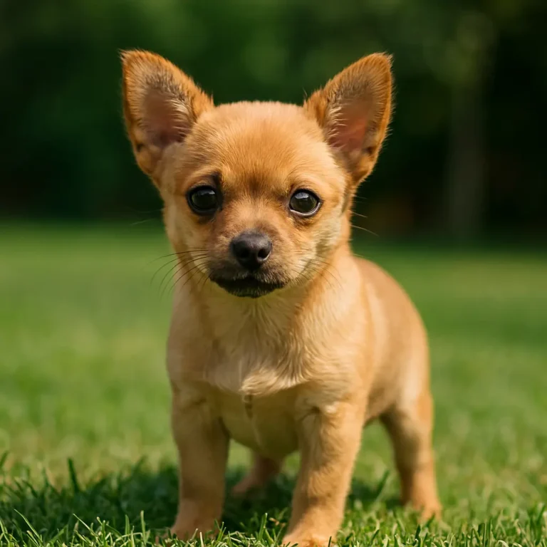 short hair chihuahua pomeranian mix puppy standing on grass